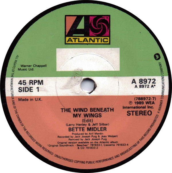 Bette Midler : The Wind Beneath My Wings (7", Single)