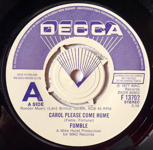 Fumble (3) : Carol Please Come Home (7", Single, Promo)