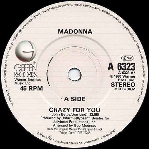 Madonna : Crazy For You (7", Single, Whi)