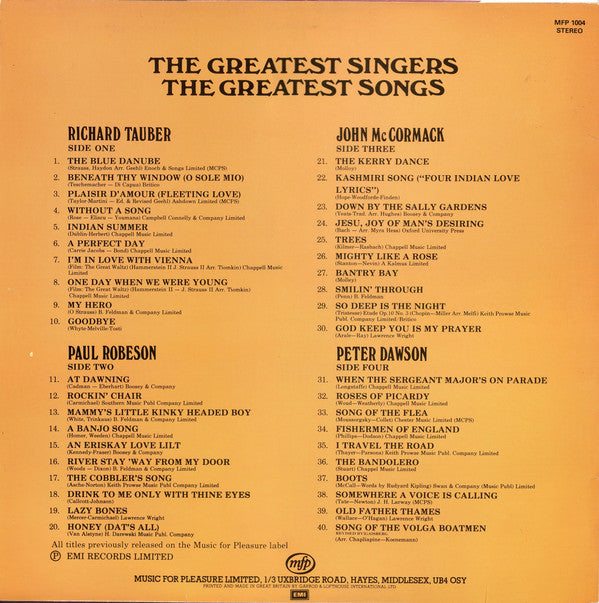 Richard Tauber, Paul Robeson, John McCormack (2), Peter Dawson : The Greatest Singers The Greatest Songs (2xLP, Comp)
