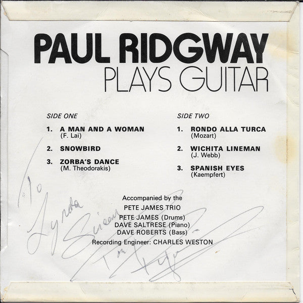 Paul Ridgway : Plays Guitar (7", EP, Yel)