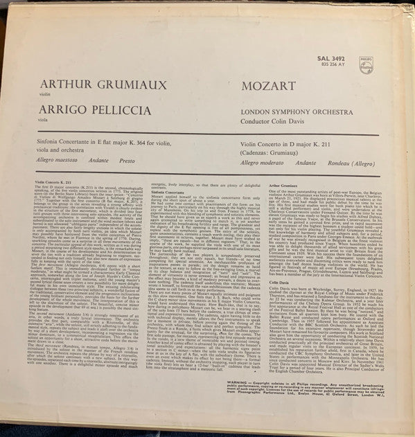 Arthur Grumiaux, Wolfgang Amadeus Mozart : Violin Concerto K. 211 / Sinfonia Concertante K. 364 (LP)