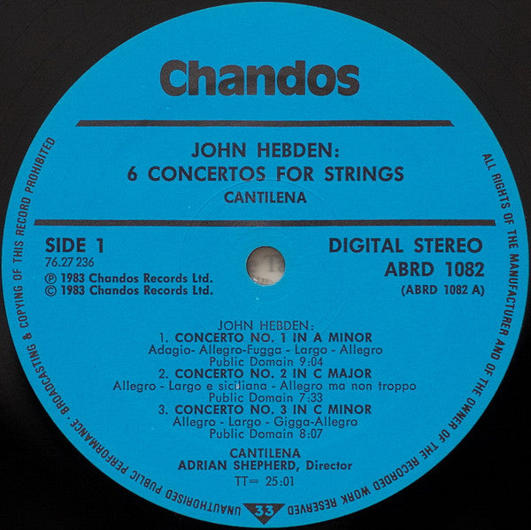 John Hebden, Cantilena, Adrian Shepherd : Six Concertos For Strings (LP)