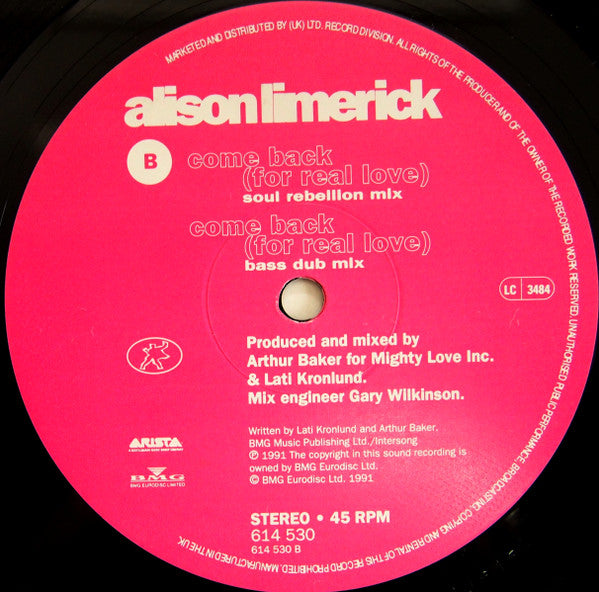Alison Limerick : Come Back (For Real Love) (12", Single)