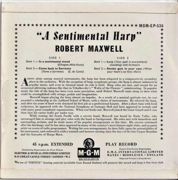 Robert Maxwell And His Orchestra : A Sentimental Harp  (7", EP, Mono)