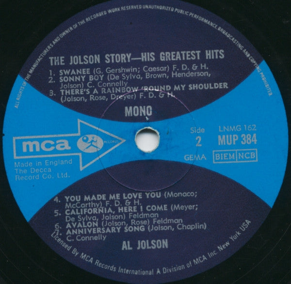 Al Jolson : The Jolson Story (His Greatest Hits) (LP, Comp, Mono)