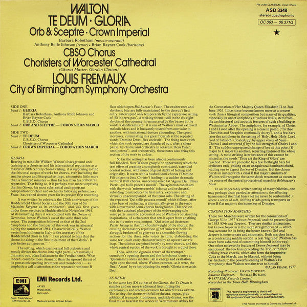 Sir William Walton, City Of Birmingham Symphony Orchestra Chorus, Choir Of Worcester Cathedral, Louis Frémaux, City Of Birmingham Symphony Orchestra : Te Deum ∙ Gloria / Orb & Sceptre ∙ Crown Imperial (LP, Quad)