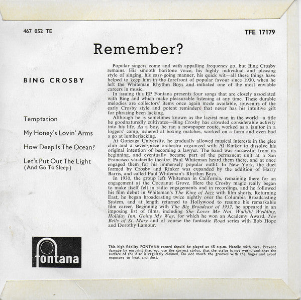 Bing Crosby : Remember? (7", EP, Mono)