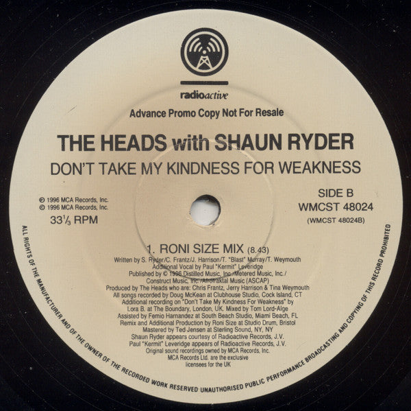 The Heads With Shaun Ryder : Don't Take My Kindness For Weakness (12", Single, Promo)