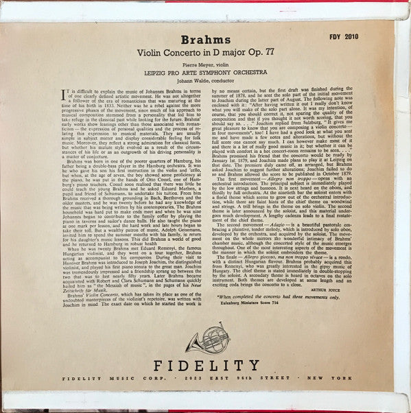 Johannes Brahms, Leipzig Pro Arte Symphony Orchestra, Pierre Meyer, Johann Walde : Violin Concerto In D Major, Op.77 (LP)