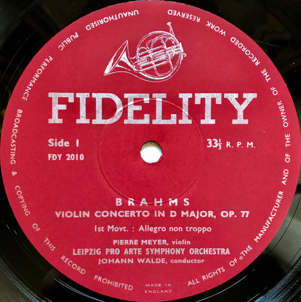 Johannes Brahms, Leipzig Pro Arte Symphony Orchestra, Pierre Meyer, Johann Walde : Violin Concerto In D Major, Op.77 (LP)