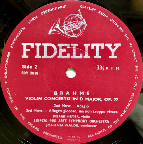 Johannes Brahms, Leipzig Pro Arte Symphony Orchestra, Pierre Meyer, Johann Walde : Violin Concerto In D Major, Op.77 (LP)