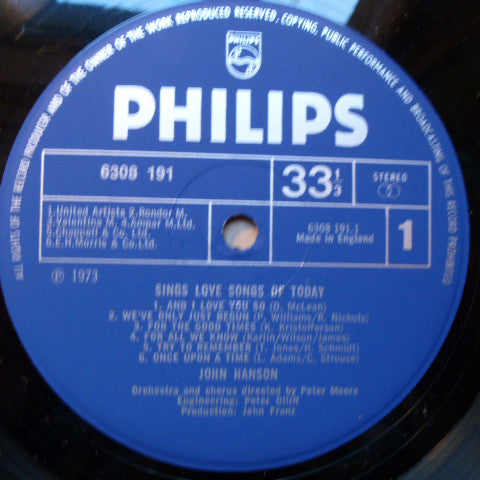 John Hanson (3) : Sings Love Songs Of Today (LP, Album)