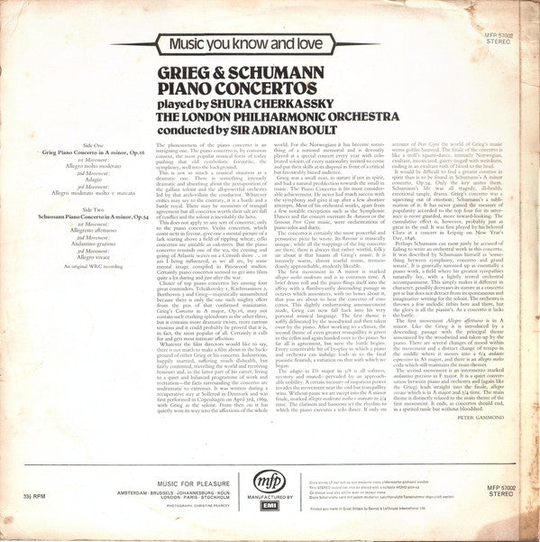 Grieg*, Schumann* - Shura Cherkassky, The London Philharmonic Orchestra* Conducted By Sir Adrian Boult : Piano Concertos (LP, RE)