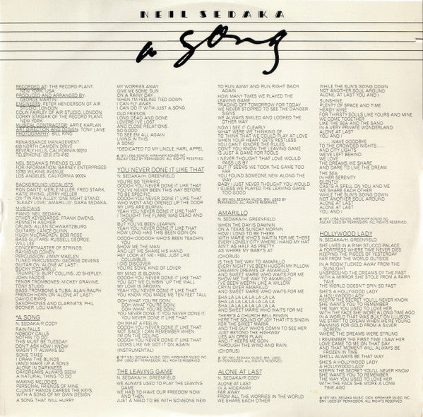 Neil Sedaka : A Song (LP, Album, SP )