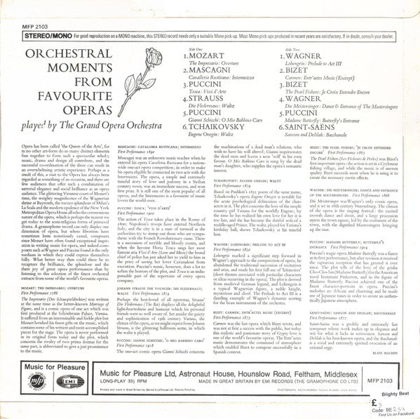 Grand Opera Orchestra : Orchestral Moments From Favourite Operas (LP, Comp)