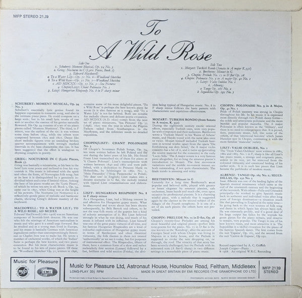 Joseph Cooper : To A Wild Rose: Joseph Cooper Plays Favourite Melodies By Schubert, Grieg, Edward Mcdowell, Chopin, Liszt, Mozart Beethoven, Albeniz (LP, Album)