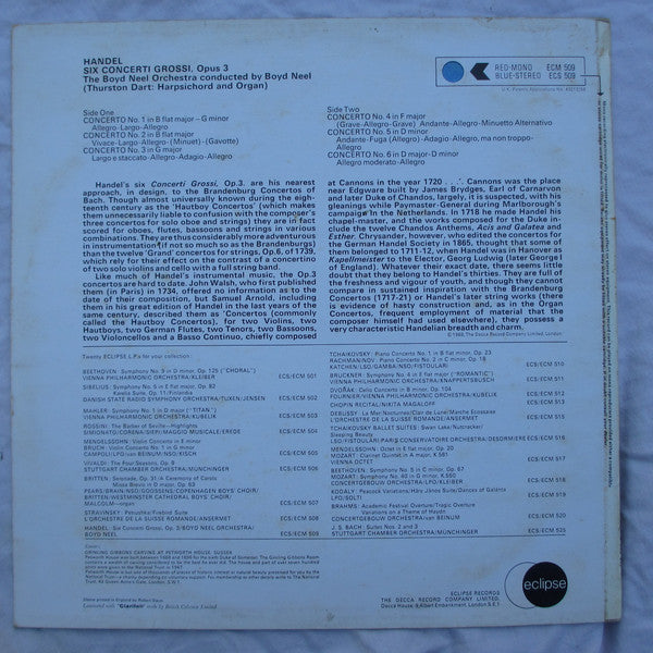 Georg Friedrich Händel, The Boyd Neel Orchestra, Boyd Neel : Six Concerti Grossi, Opus 3 (LP, RE, RM)