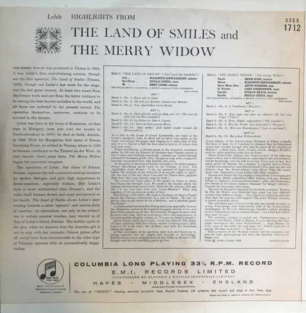 Elisabeth Schwarzkopf / Erich Kunz / Philharmonia Orchestra And Philharmonia Chorus Conducted By Otto Ackermann : Land Of Smiles And Merry Widow Highlights (LP)