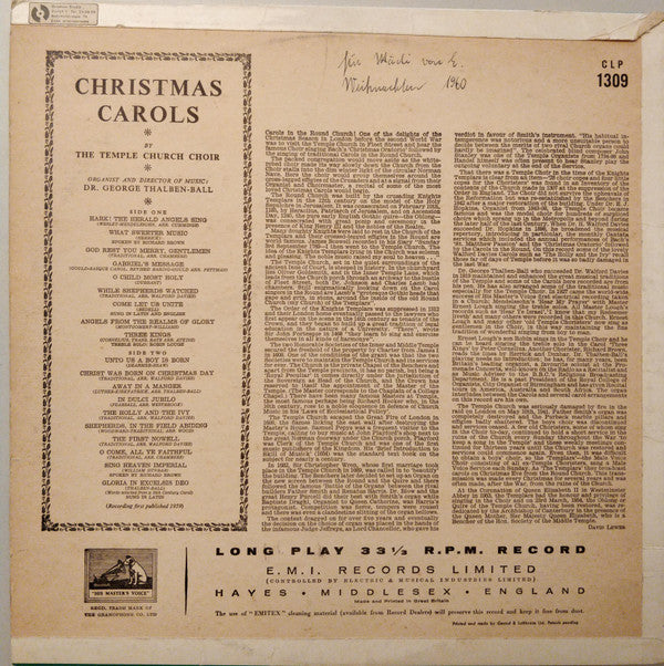 The Choir Of The Temple Church : Christmas Carols (LP, Album, Mono)
