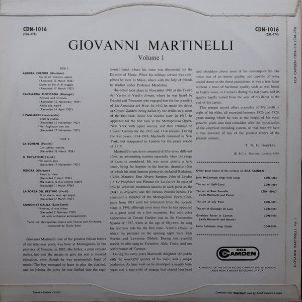 Giovanni Martinelli : Giovanni Martinelli Sings By Request Volume 1 (LP, Comp, Mono)