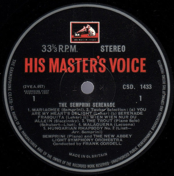 Alberto Semprini And The New Abbey Light Symphony Orchestra Conducted By Frank Cordell : The Semprini Serenade (LP)