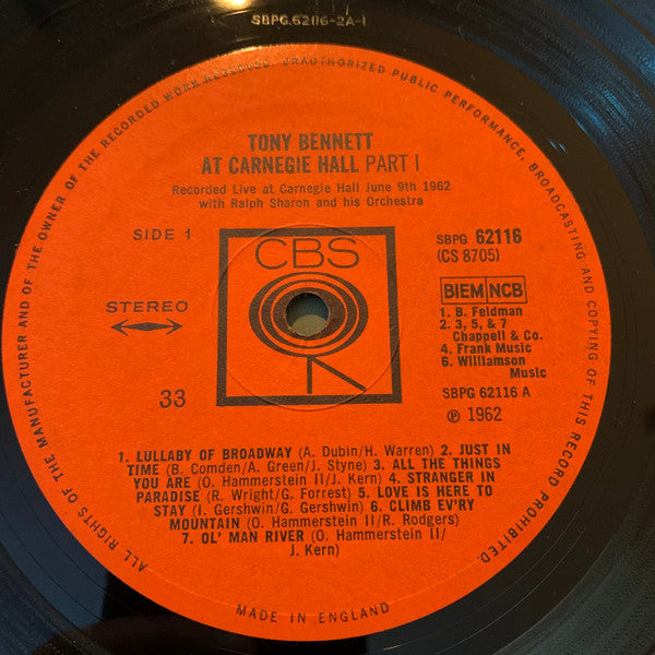Tony Bennett With Ralph Sharon And His Orchestra : Tony Bennett At Carnegie Hall, Part I (LP, Album)