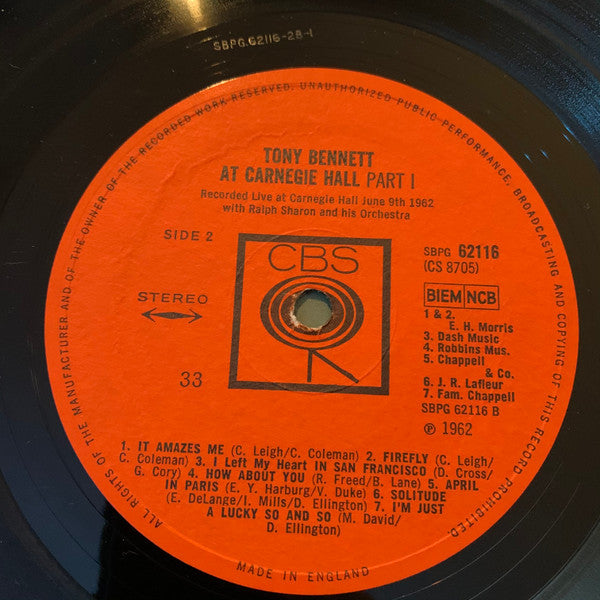 Tony Bennett With Ralph Sharon And His Orchestra : Tony Bennett At Carnegie Hall, Part I (LP, Album)