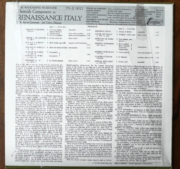 Boston Camerata, Joel Cohen (3) : Flemish Composers In Renaissance Italy (The Wandering Musicians) (LP, Album)