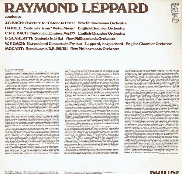 Raymond Leppard : Raymond Leppard conducts and plays music by Handel, Scarlatti, Mozart and the Bach Family (LP, Album)