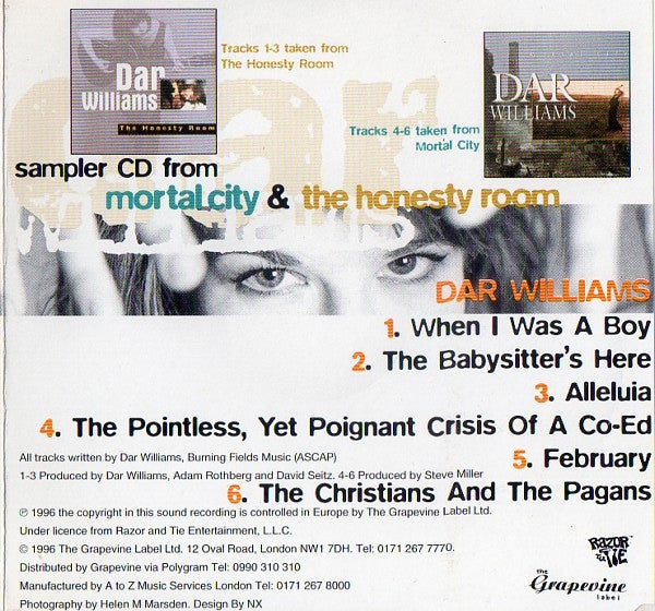Dar Williams : Sampler Cd From Mortal City And The Honesty Room (CD, Comp, Promo, Smplr)