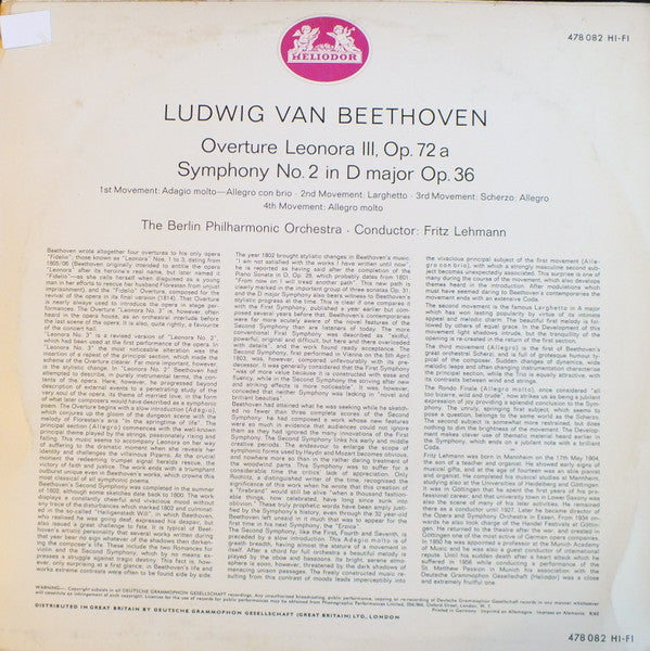 Ludwig van Beethoven - Berliner Philharmoniker Conductor: Fritz Lehmann :  Symphony No. 2 In D Major, Op. 36 / Overture, Leonore III (LP, Mono, RE)