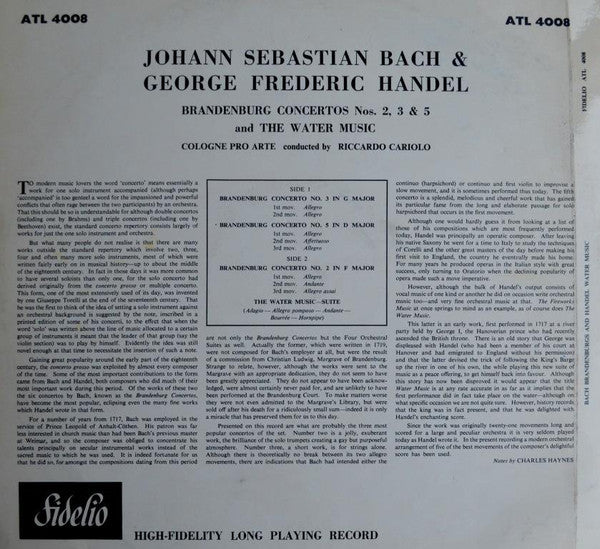 Johann Sebastian Bach, Georg Friedrich Händel : Brandenburg Concertos Nos. 2,3 & 5 and The Water Music (LP, Album)