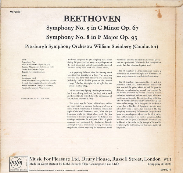 Ludwig van Beethoven, Pittsburgh Symphony Orchestra Conducted By William Steinberg : Symphony No. 5 In C Min, Op. 67 / Symphony No. 8 In F Major, Op. 93 (LP, Mono, Blu)