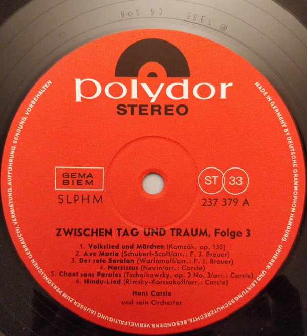 Hans Carste Und Sein Orchester : Zwischen Tag Und Traum (LP)