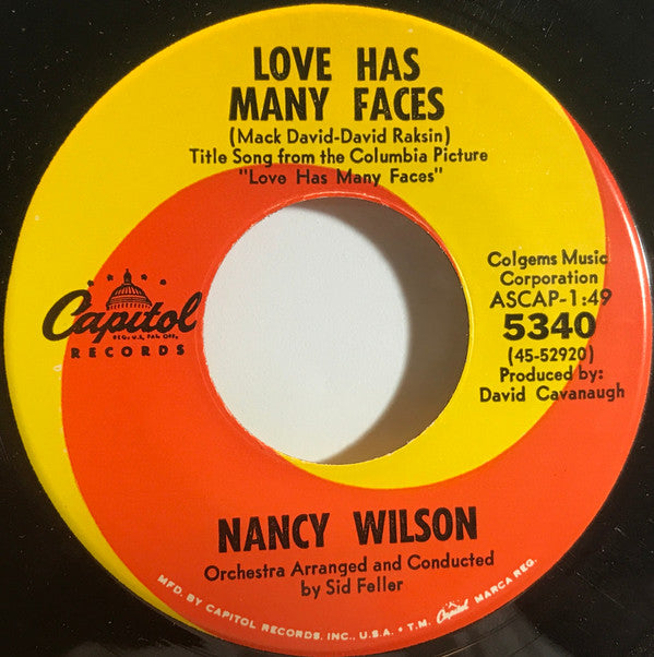 Nancy Wilson : Love Has Many Faces / Don't Come Running Back to Me (7", Single)