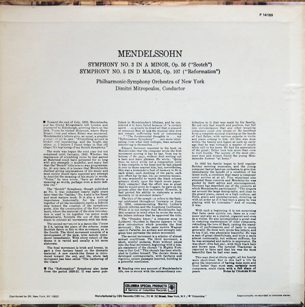 Felix Mendelssohn-Bartholdy, New York Philharmonic, Dimitri Mitropoulos : Symphony No. 3 In A Minor, Symphony No. 5 In D Major (LP, Album)
