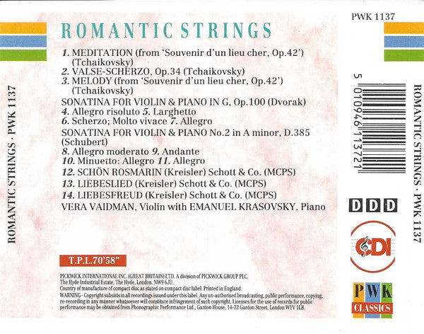 Tchaikovsky* / Dvorak* / Schubert* / Kreisler*, Vera Vaidman, Emanuel Krasovsky : Romantic Strings (CD)