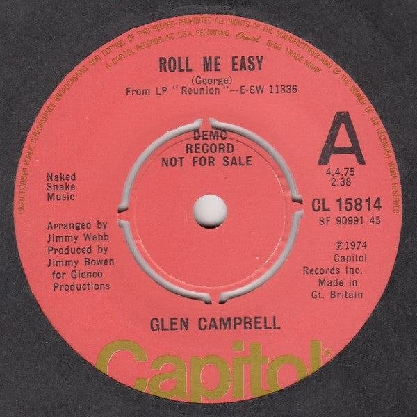 Glen Campbell : Roll Me Easy (7", Single, Promo)
