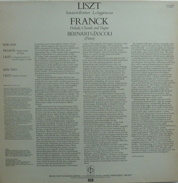 Bernard D'Ascoli : Bernard D'Ascoli Plays Liszt And Franck (LP, Album)