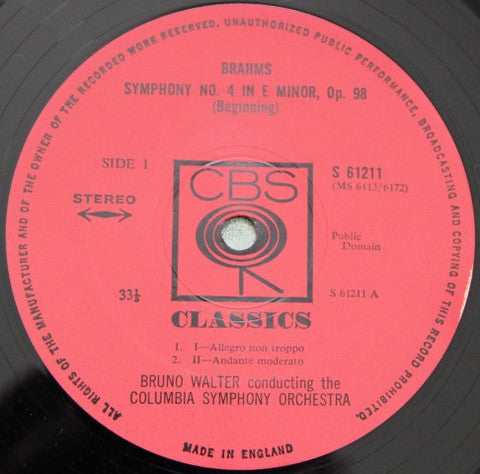 Johannes Brahms - Bruno Walter Conducting The Columbia Symphony Orchestra : Symphony No. 4 Academic Festival Overture (LP, RE)