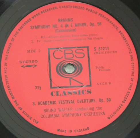 Johannes Brahms - Bruno Walter Conducting The Columbia Symphony Orchestra : Symphony No. 4 Academic Festival Overture (LP, RE)