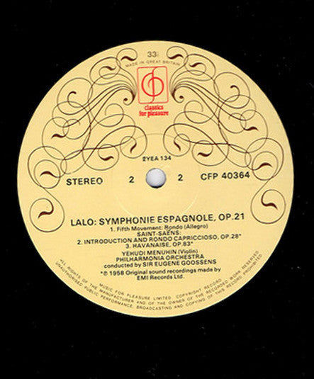 Édouard Lalo / Camille Saint-Saëns, Yehudi Menuhin, Philharmonia Orchestra, Sir Eugene Goossens : Symphonie Espagnole / Introduction And Rondo Capriccioso, Havanaise (LP, RE)