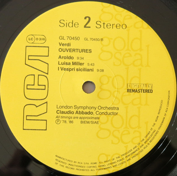 Giuseppe Verdi, London Symphony Orchestra, Claudio Abbado : Verdi Ouvertures (LP, RE, RM)