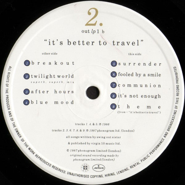 Swing Out Sister : It's Better To Travel (LP, Album)