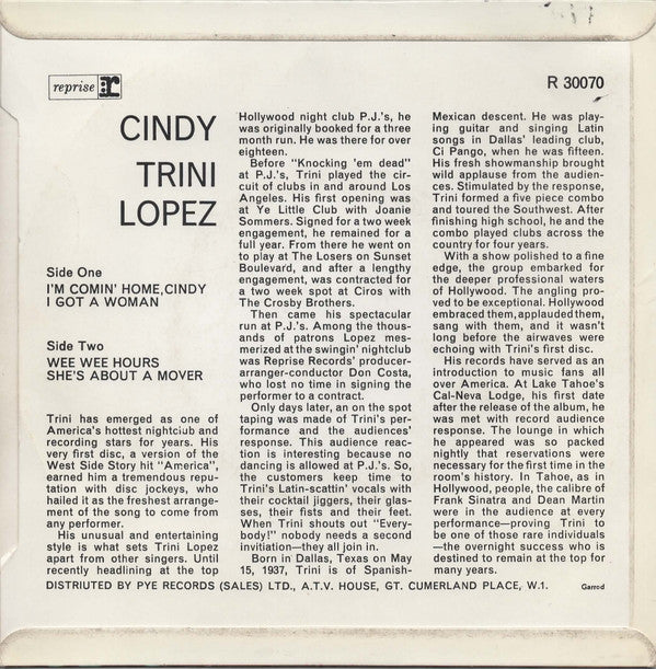 Trini Lopez : Cindy  (7", EP)