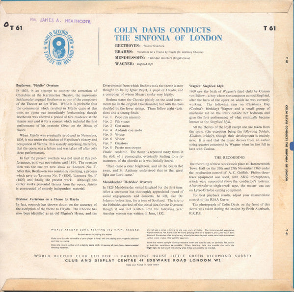 Sir Colin Davis Conducts The Sinfonia Of London : Colin Davis Conducts The Sinfonia Of London (LP, Album, Mono, Club)