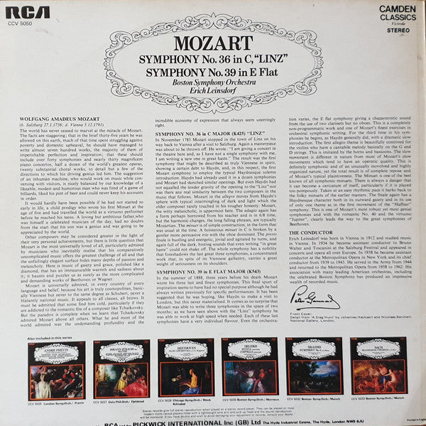 Wolfgang Amadeus Mozart, Boston Symphony Orchestra, Erich Leinsdorf : Symphony No. 36 In C, "Linz" / Symphony No. 39 In E Flat (LP, Album, RE)