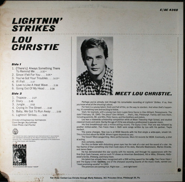 Lou Christie : Lightnin' Strikes (LP, Album, Mono, MGM)
