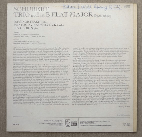 Franz Schubert - David Oistrakh Trio : Trio No. 1 In B Flat Major, Op.99 (D.898) (LP, RE)